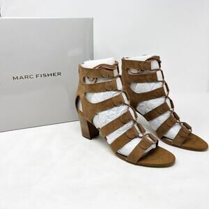 [Marc Fisher] Cognac Brown Suede Leather Lace-Up Block Heel Sandals NWT Sz 9.5